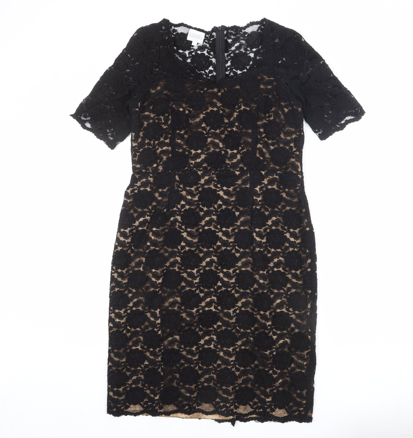 Kaliko Womens Black Floral Polyester Sheath Size 12 V-Neck Zip - Lace Overlay, Slit
