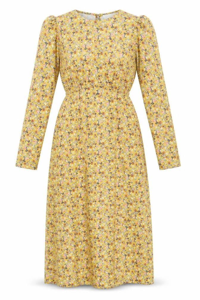 Warehouse Womens Yellow Floral Polyester Sheath Size 8 Round Neck Button