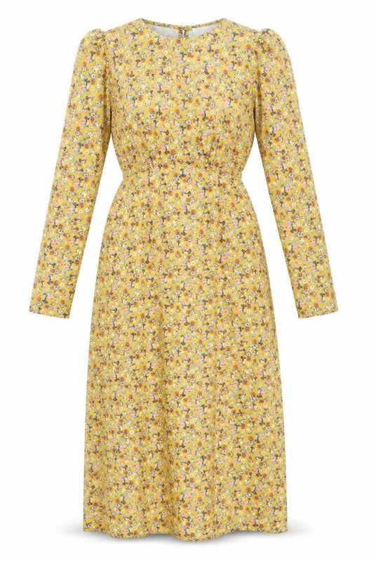 Warehouse Womens Yellow Floral Polyester Sheath Size 8 Round Neck Button