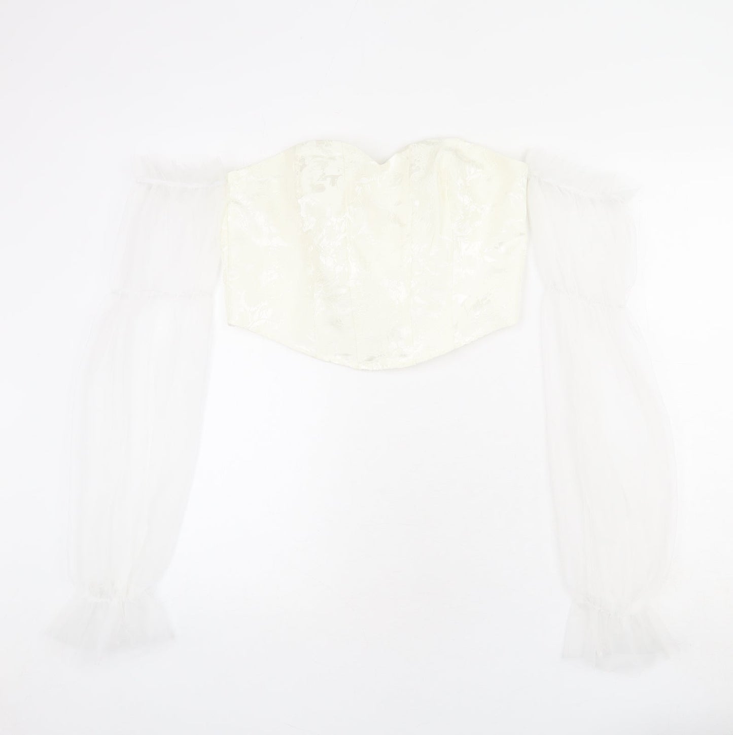 Urban Revivo Womens Ivory Floral Polyester Cropped T-Shirt Size L Sweetheart - Off Shoulder, Mesh Sleeves, Corset