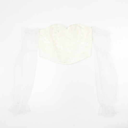 Urban Revivo Womens Ivory Floral Polyester Cropped T-Shirt Size L Sweetheart - Off Shoulder, Mesh Sleeves, Corset