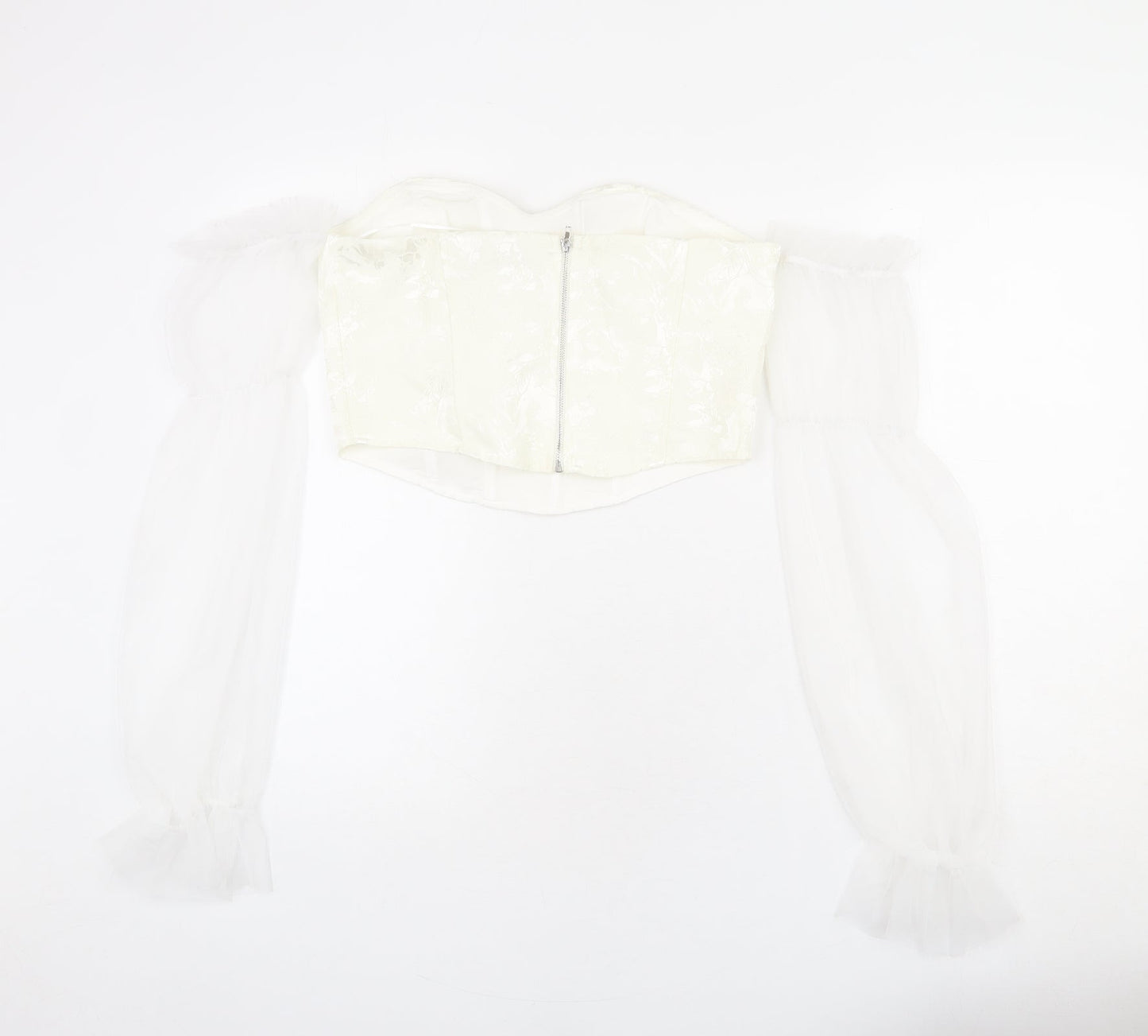 Urban Revivo Womens Ivory Floral Polyester Cropped T-Shirt Size L Sweetheart - Off Shoulder, Mesh Sleeves, Corset
