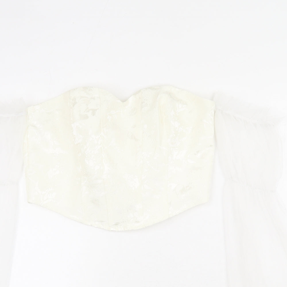 Urban Revivo Womens Ivory Floral Polyester Cropped T-Shirt Size L Sweetheart - Off Shoulder, Mesh Sleeves, Corset