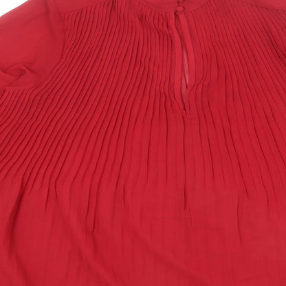 Brand and care label for ASOS women’s red polyester basic blouse, size UK 8, mock neck - pleated