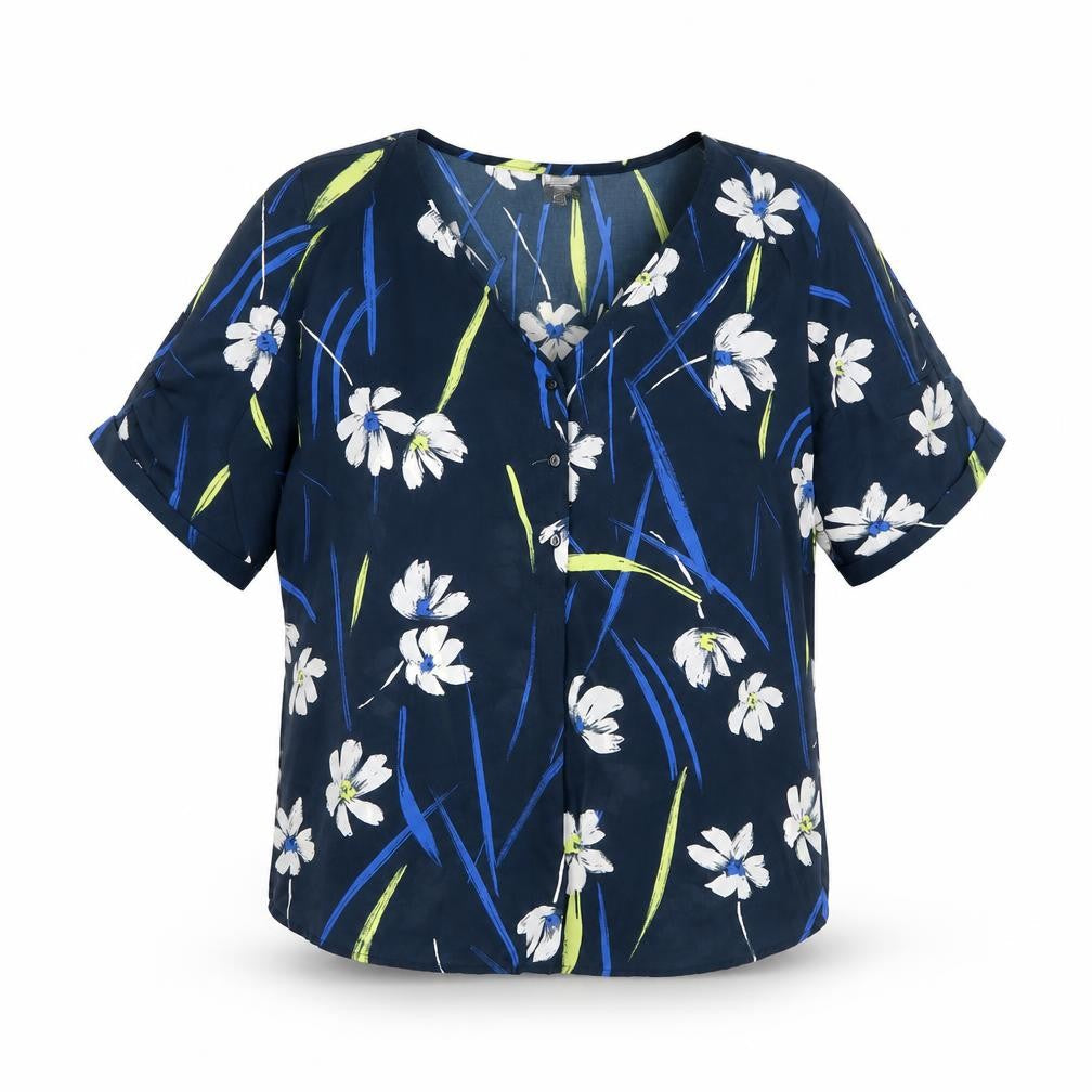 Jaqueline de Yong Womens Blue Floral Polyester Basic Blouse Size 8 Henley - Paint Flick Effect