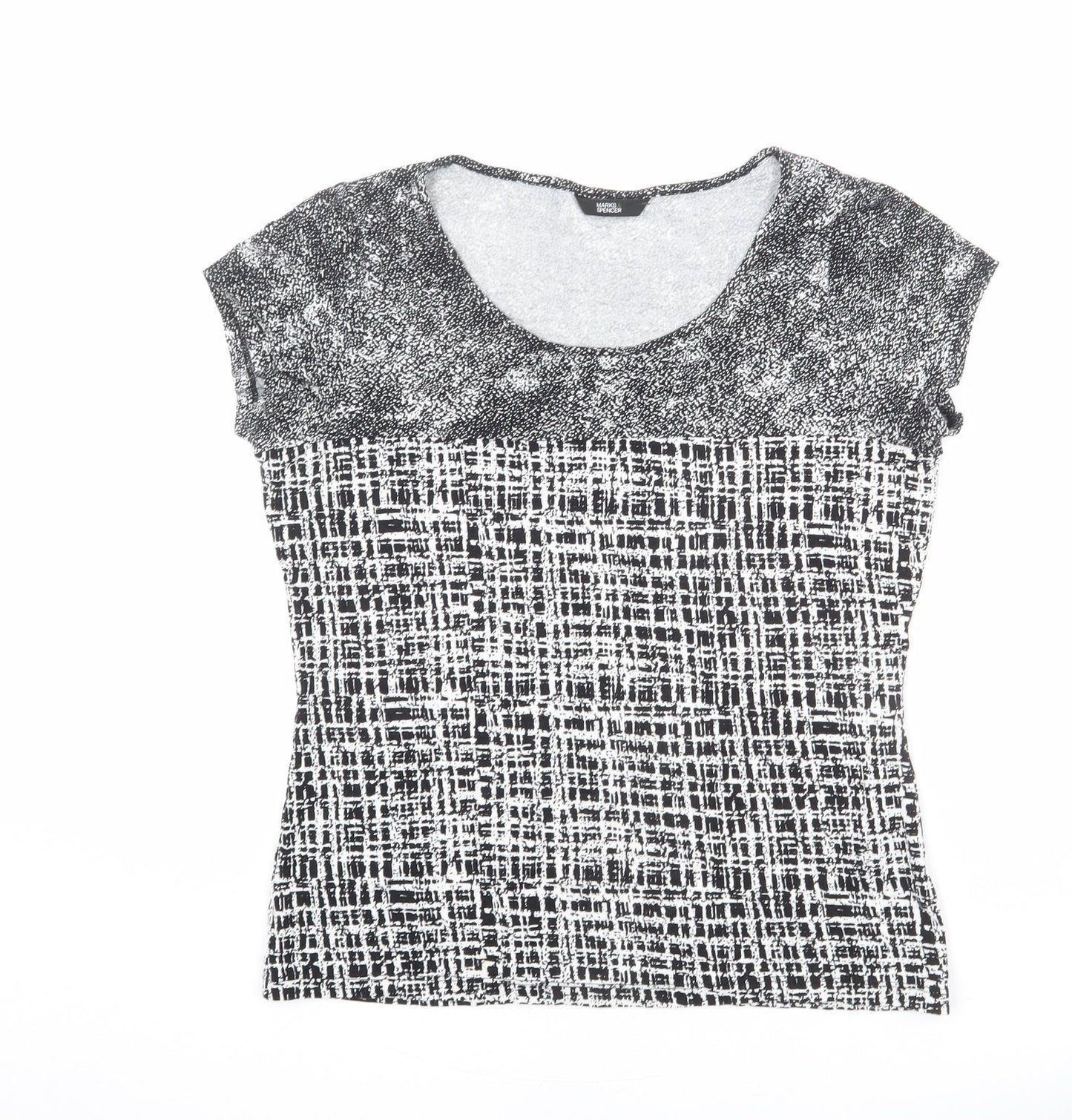 Marks and Spencer Womens Black Geometric Viscose Basic T-Shirt Size 14 Round Neck - Patchwork
