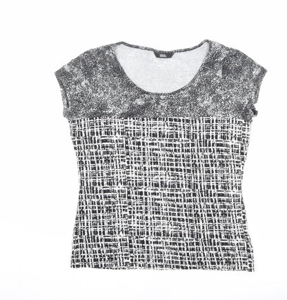Marks & Spencer Womens Black Geometric Viscose Basic T-Shirt Size 14 Round Neck - Patchwork