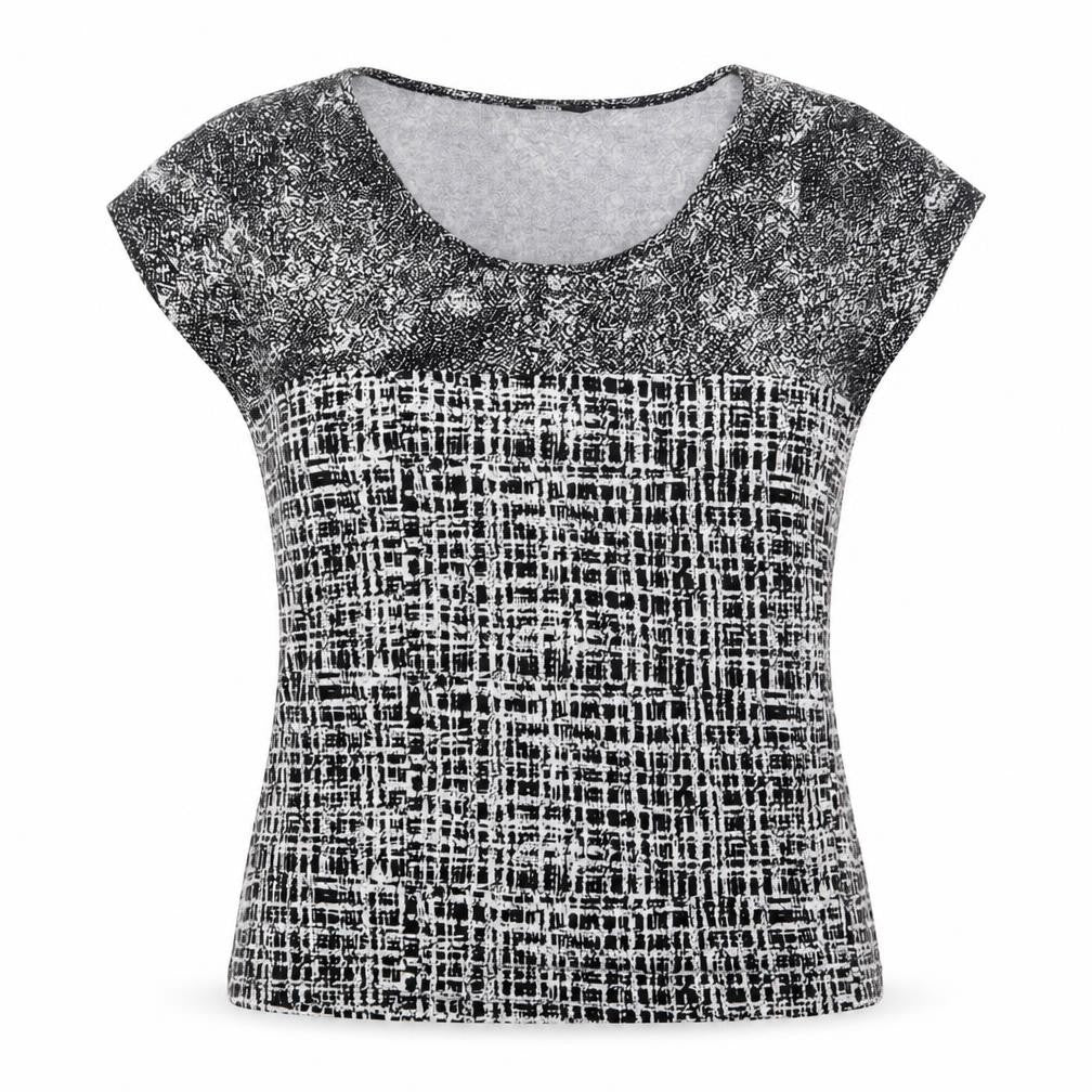 Marks & Spencer Womens Black Geometric Viscose Basic T-Shirt Size 14 Round Neck - Patchwork