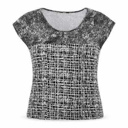 Marks & Spencer Womens Black Geometric Viscose Basic T-Shirt Size 14 Round Neck - Patchwork
