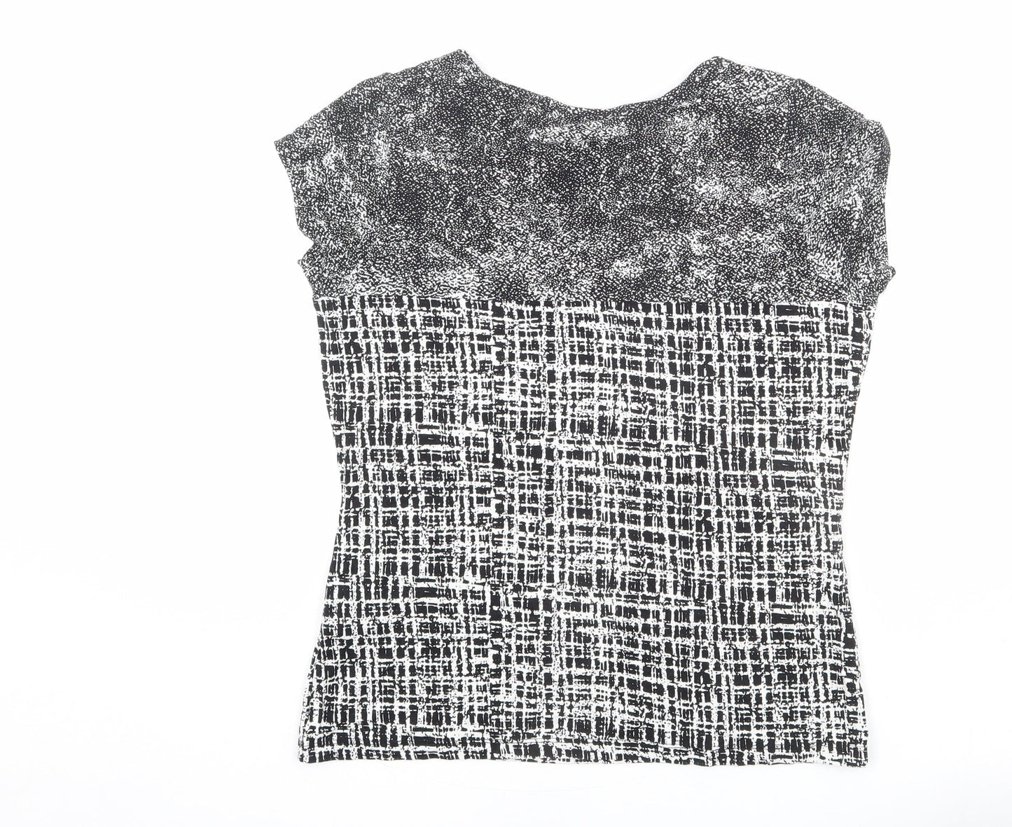 Marks and Spencer Womens Black Geometric Viscose Basic T-Shirt Size 14 Round Neck - Patchwork