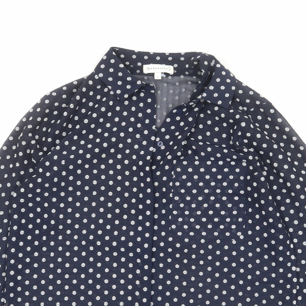 Warehouse Womens Blue Geometric Polyester Basic Button-Up Size 6 Collared