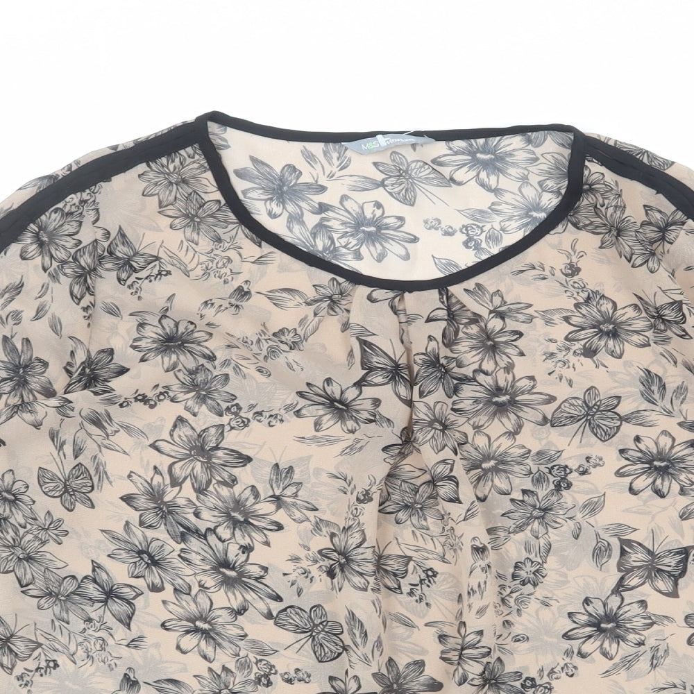 Marks and Spencer Womens Brown Floral Polyester Basic Blouse Size 8 Round Neck