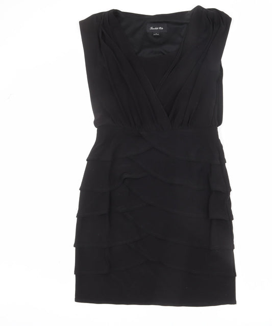 Scarlett Nite Womens Black Polyester Sheath Size 8 Scoop Neck Zip - Tiered, Ruffles