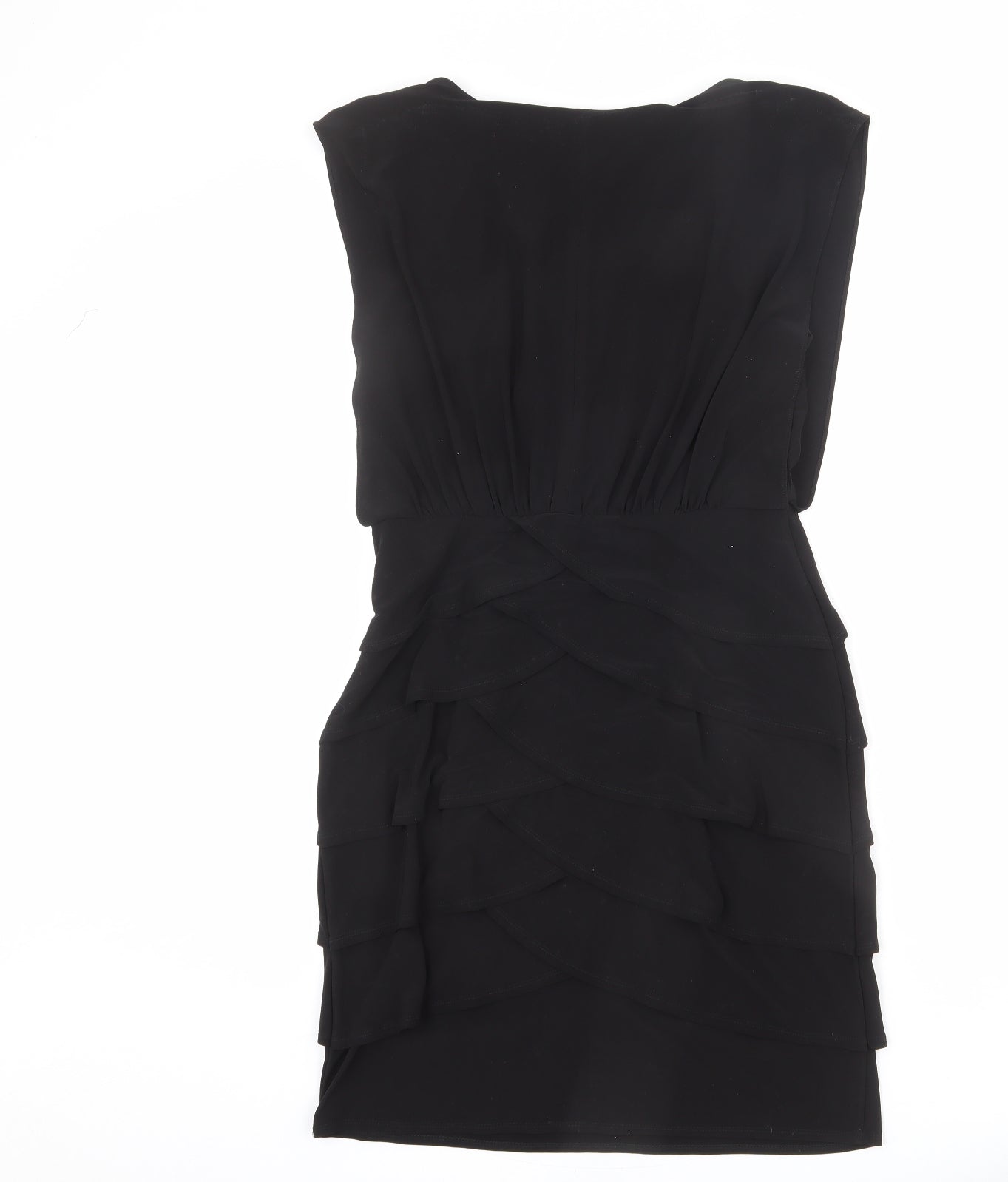 Scarlett Nite Womens Black Polyester Sheath Size 8 Scoop Neck Zip - Tiered, Ruffles