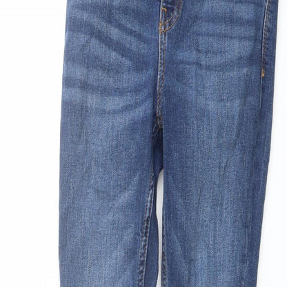 Close-up detail of Tu boys’ blue cotton skinny jeans, size 9, months regular button