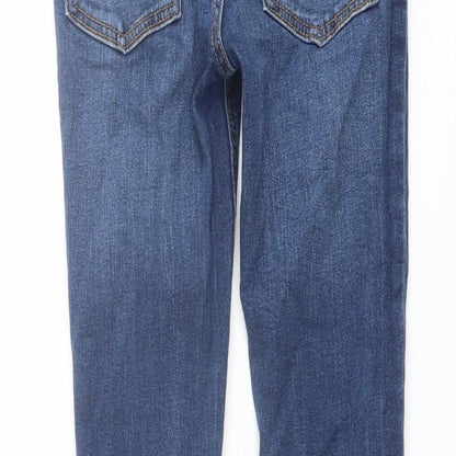 Brand and care label for Tu boys’ blue cotton skinny jeans, size 9, months regular button