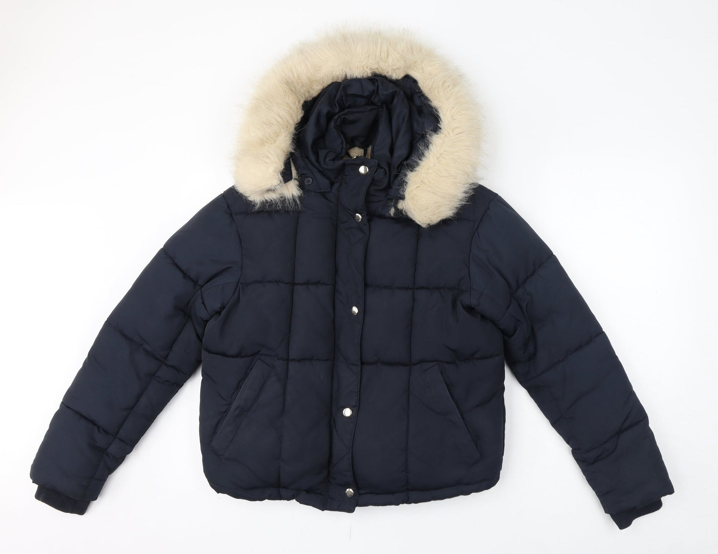 Topshop Womens Blue Puffer Jacket Coat Size 4 Zip - Hooded Faux Fur Trim