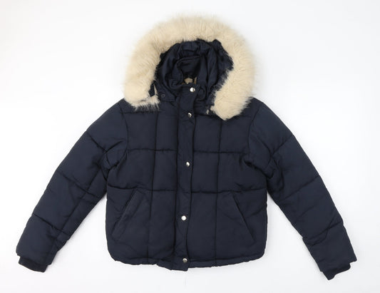 Topshop Womens Blue Puffer Jacket Coat Size 4 Zip - Hooded Faux Fur Trim