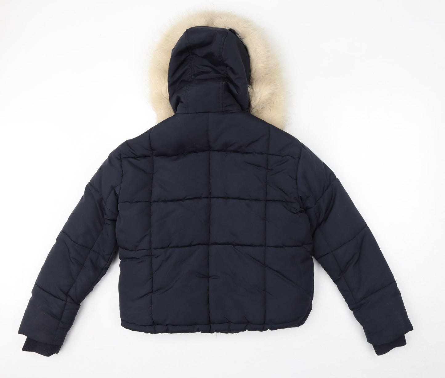 Topshop Womens Blue Puffer Jacket Coat Size 4 Zip - Hooded Faux Fur Trim