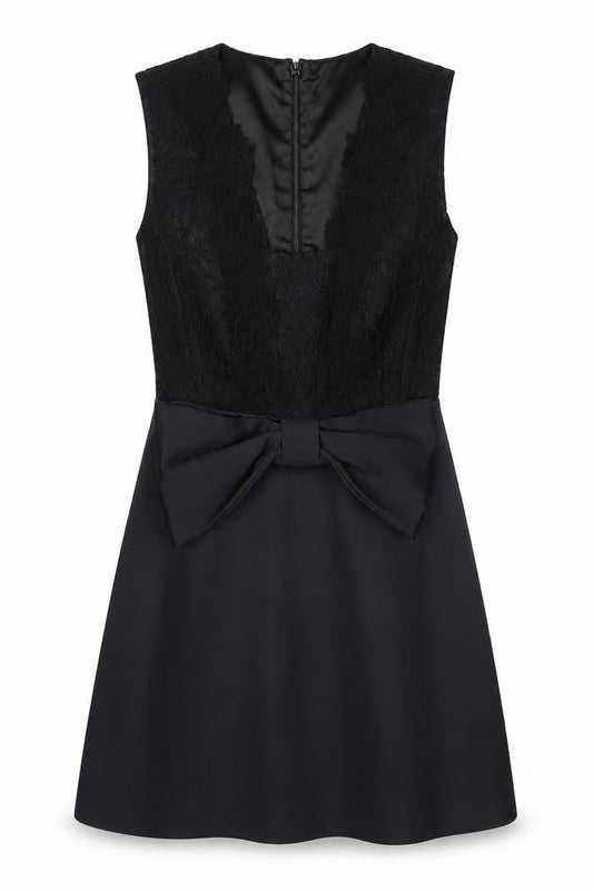 Front view of French Connection women’s black polyester a-line, size UK 8, square neck zip - bow detail
