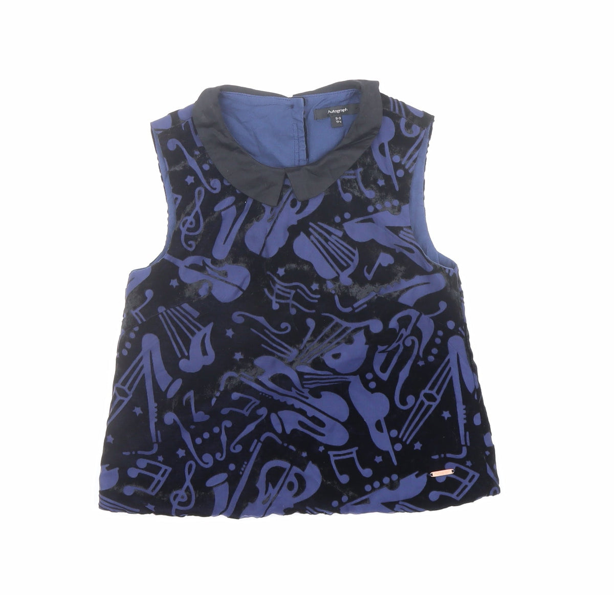 Additional front view of Autograph girls’ blue geometric viscose basic blouse, size 8-9, years collared button