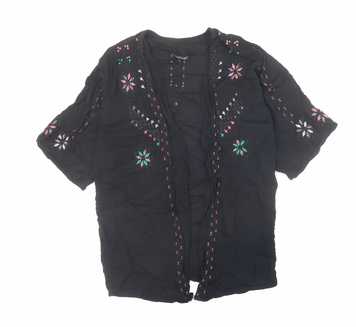 Topshop Womens Black Viscose Kimono Blouse Size 8 V-Neck - Embroidered
