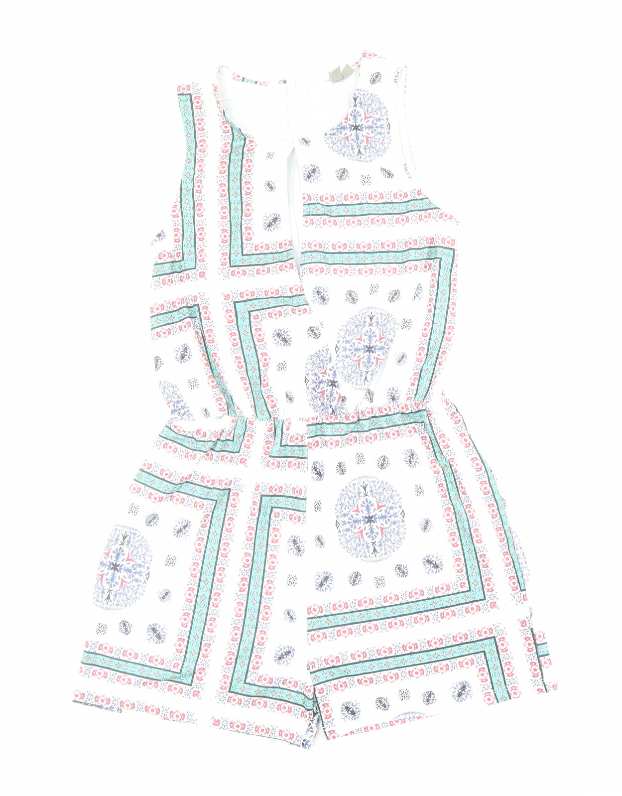 ASOS Womens White Geometric Polyester Playsuit One-Piece Size 8 L3 in Zip - Key Hole Neck