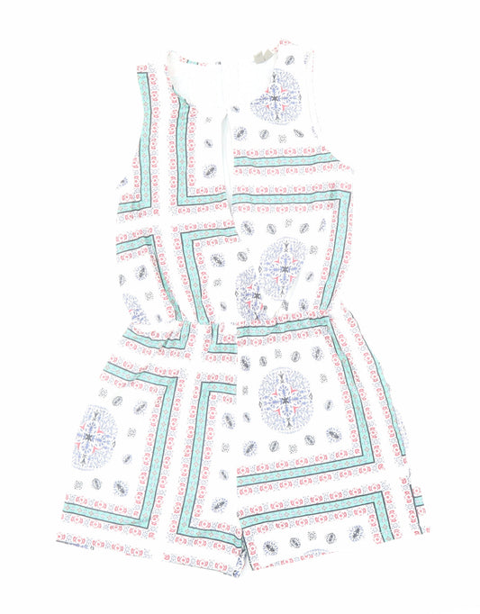 ASOS Womens White Geometric Polyester Playsuit One-Piece Size 8 L3 in Zip - Key Hole Neck