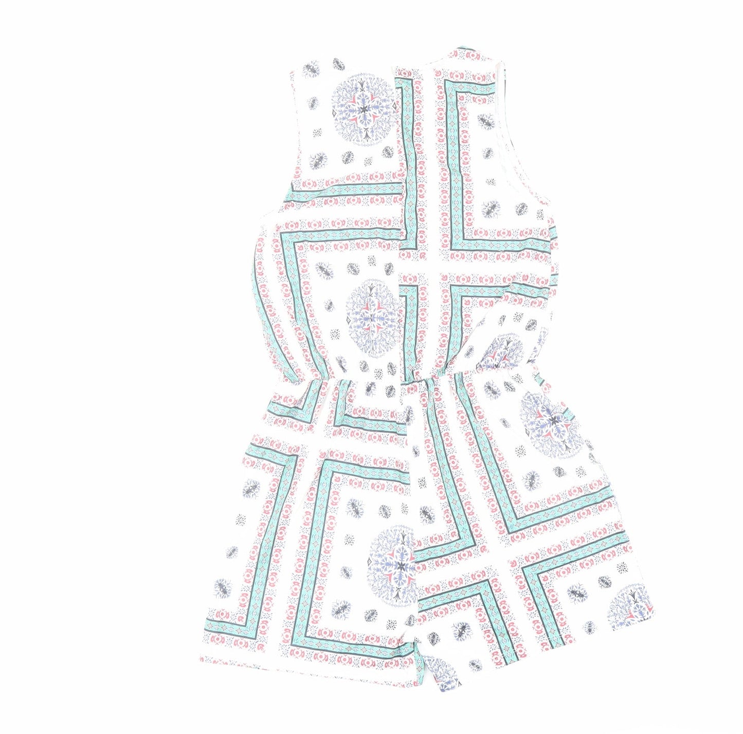 ASOS Womens White Geometric Polyester Playsuit One-Piece Size 8 L3 in Zip - Key Hole Neck
