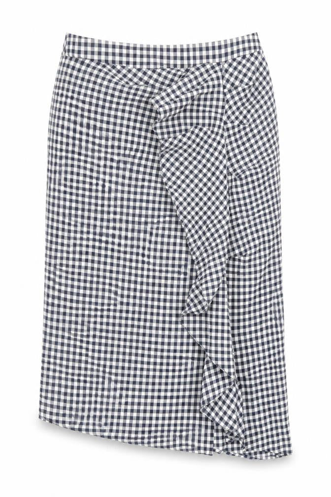 Topshop Womens Blue Check Cotton Straight & Pencil Skirt Size 12 Zip - Asymmetric Gingham Ruffle