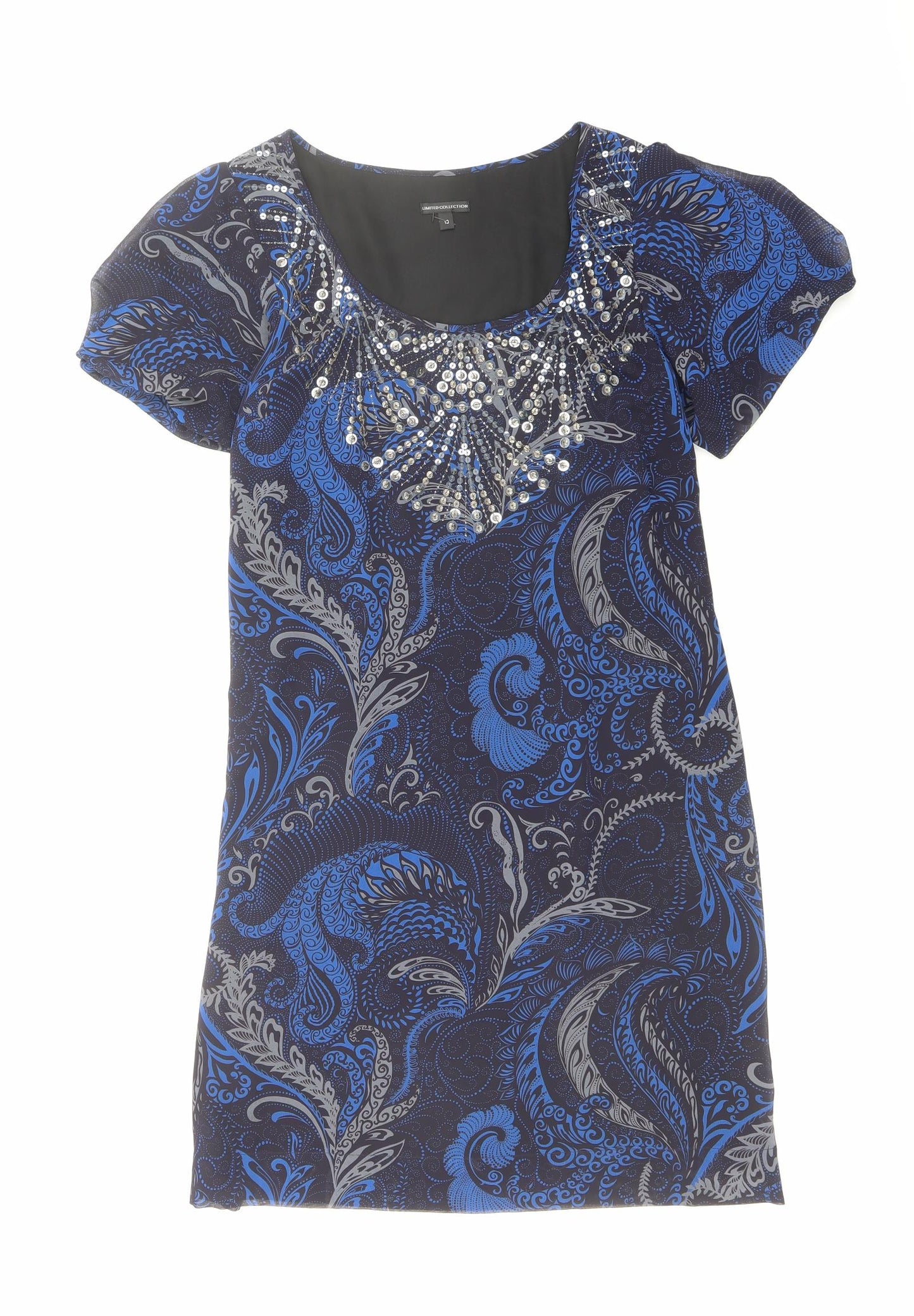 Marks and Spencer Womens Blue Geometric Polyester A-Line Size 10 Round Neck Zip - Sequin Detail