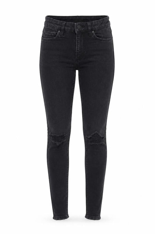 Front view of Denim & Co. women’s black cotton skinny jeans, size UK 4, 27-inch leg regular zip