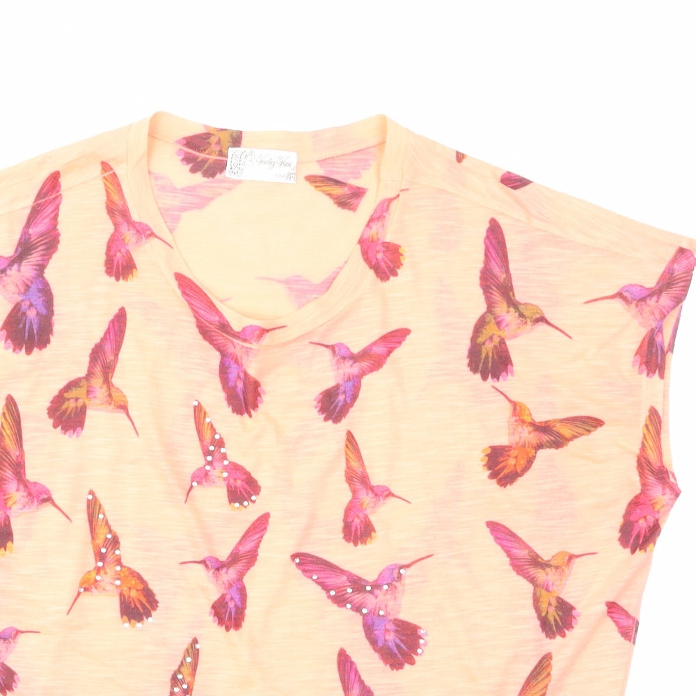 Voulez-Vous Womens Pink Geometric Polyester Basic T-Shirt Size S Scoop Neck - S/M, Oversized