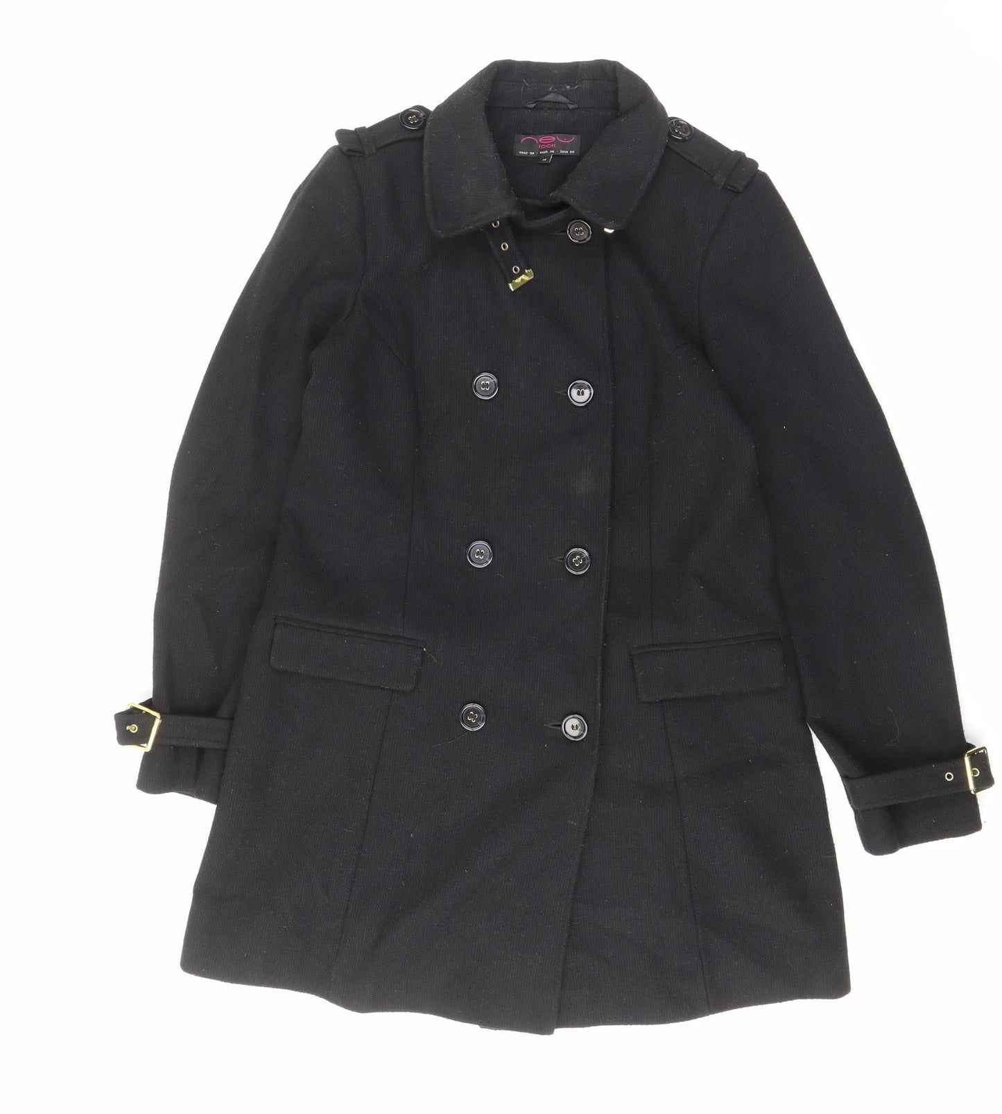 New Look Womens Black Overcoat Coat Size 14 Button - Pockets