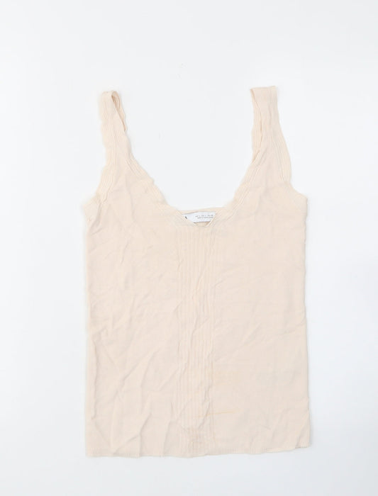 Zara Womens Beige Viscose Basic Tank Size L V-Neck