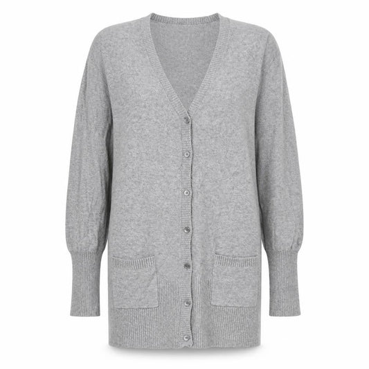 Front view of Vackyoy women’s grey v-neck viscose cardigan jumper, size L, - pockets