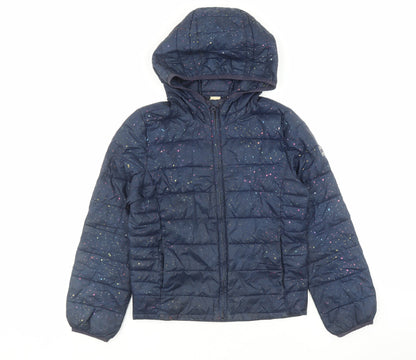 Additional front view of Gap girls’ blue geometric bomber jacket coat, size 2XL, zip