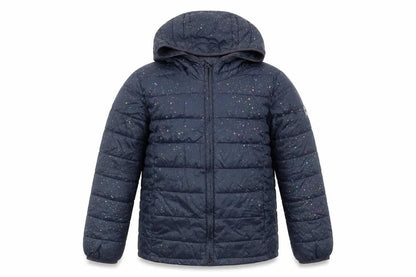 Front view of Gap girls’ blue geometric bomber jacket coat, size 2XL, zip