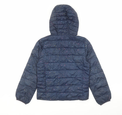 Back view of Gap girls’ blue geometric bomber jacket coat, size 2XL, zip
