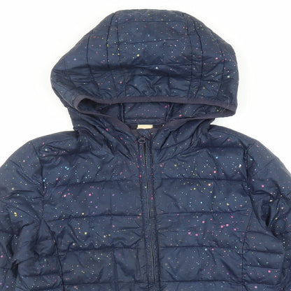 Close-up detail of Gap girls’ blue geometric bomber jacket coat, size 2XL, zip