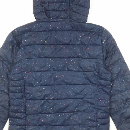 Brand and care label for Gap girls’ blue geometric bomber jacket coat, size 2XL, zip