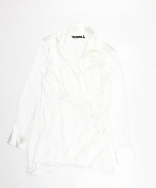 Zara Womens White Polyester Shirt Dress Size L Collared Zip