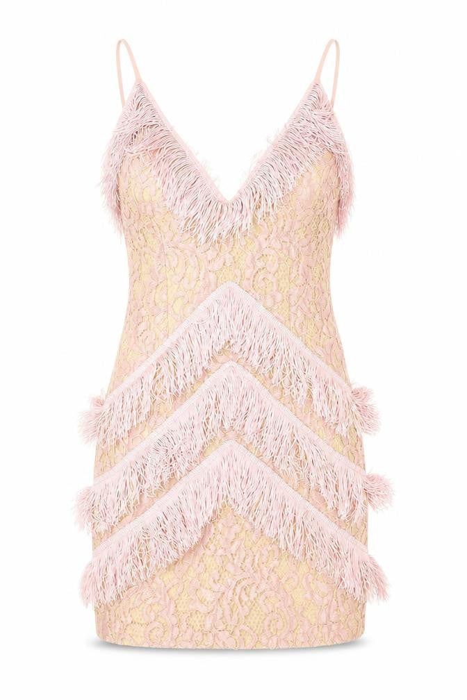 PRETTYLITTLETHING Womens Pink Polyester Bodycon Size 6 V-Neck Zip - Fringe detail