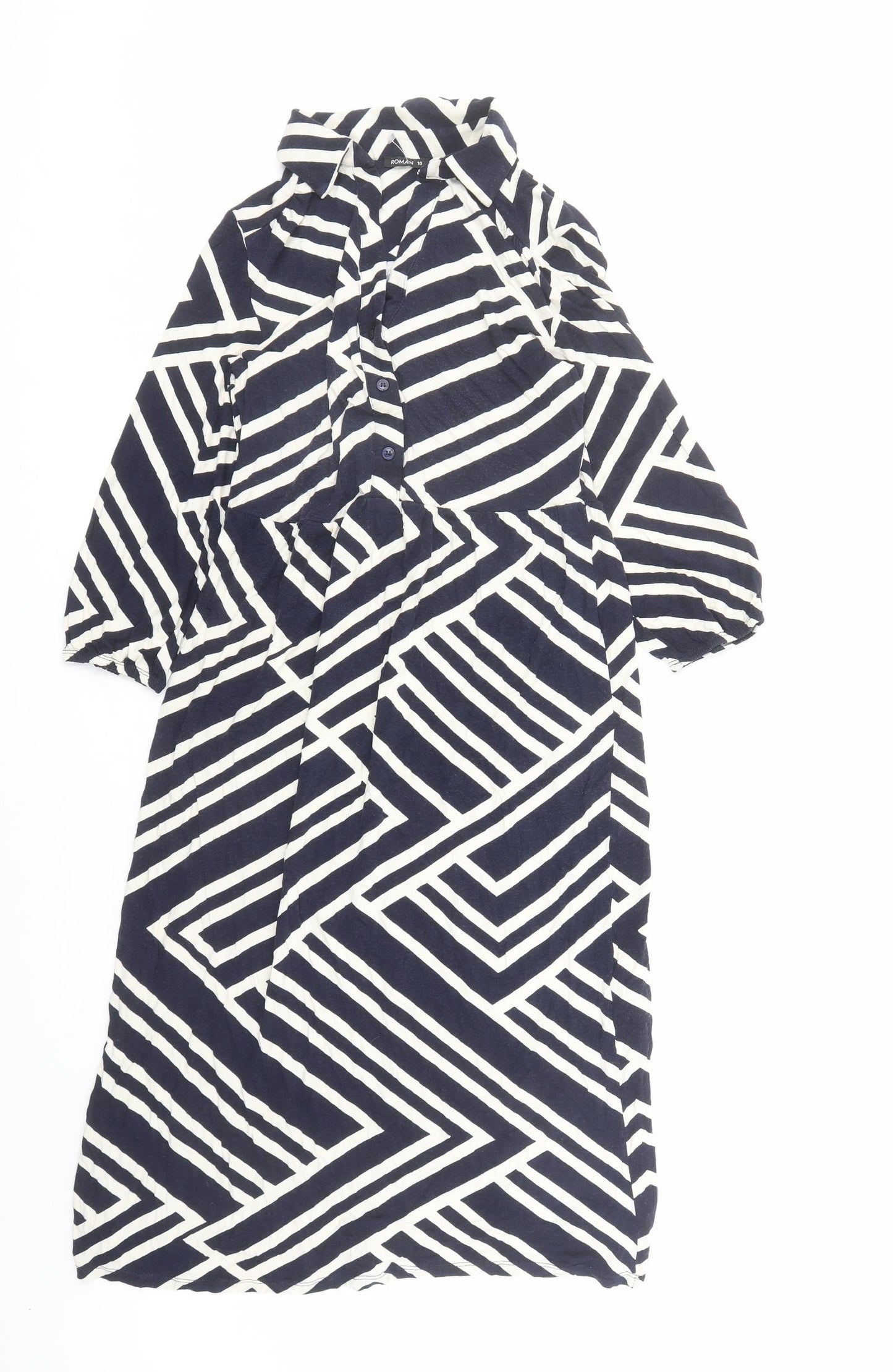 Roman Womens Blue Geometric Viscose A-Line Size 10 Collared Pullover