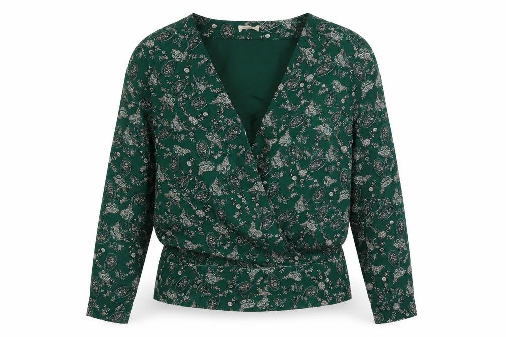 Amichi Womens Green Paisley Polyester Wrap Blouse Size M V-Neck
