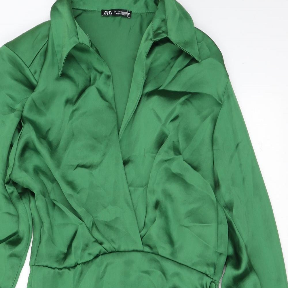 zara green silk shirt dress Green long sleeve silk dress by Zara