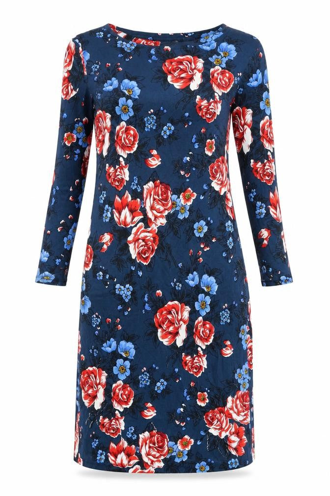 Ruby Rocks Womens Blue Floral Viscose Sheath Size 14 Round Neck Pullover