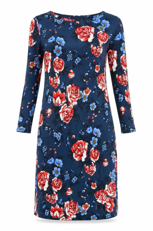 Ruby Rocks Womens Blue Floral Viscose Sheath Size 14 Round Neck Pullover