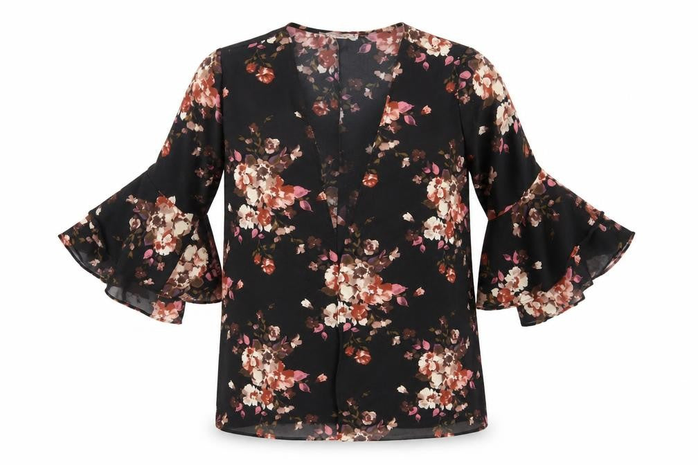 Style Therapy Womens Black Floral Polyester Kimono Blouse Size M V-Neck - Flared Sleeve