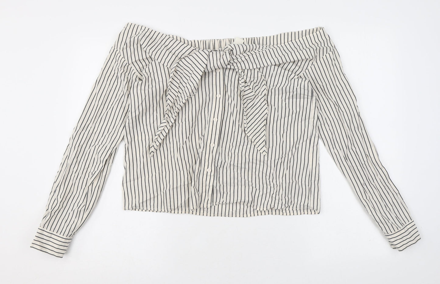 H&M Womens Ivory Striped Cotton Basic Button-Up Size 10 Off the Shoulder - Tie Front Detail